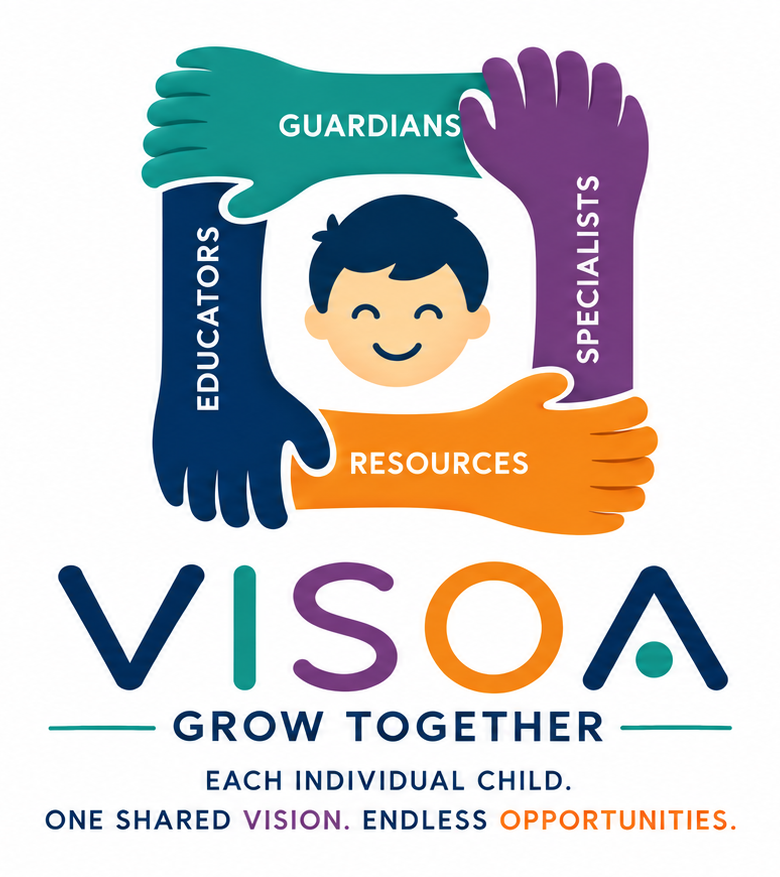 Visoa Grow Together — four colored hands around a smiling child